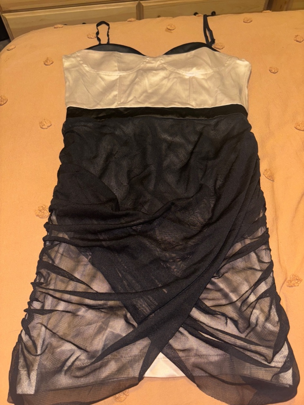 Two-Tone White and Black Mesh Overlay Mini Dress